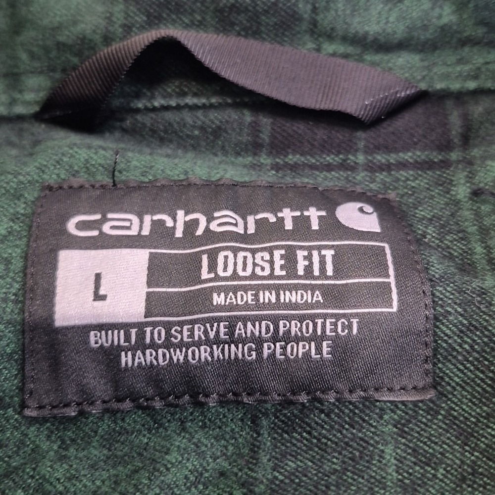 Carhartt Men's Large Loose Fit Flannel Shirt Green Plaid Workwear Heavy Cotton - Picture 3 of 8